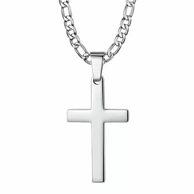 Mens Silver Cross Pendant Necklace Stainless Steel Figaro Necklace Chain 18 -30  • $9.39