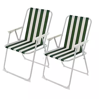 Set Of 2 Green Stripe Folding Chair Garden Deck Patio Camping Beach Outdoor Seat • £19.99