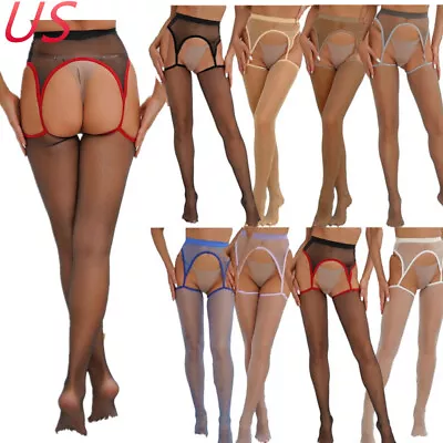 US Women Suspender Thigh High Stockings Open Crotch Garter Belt Pantyhose Tights • $10.11