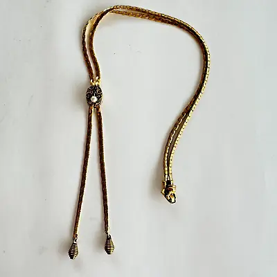 Vintage Goldette Signed Lariat Chain Necklace Pearl Jeweled Slide Gold Tone Lily • $29.99