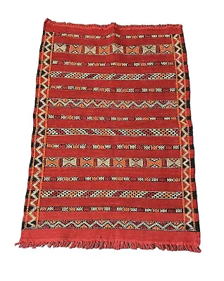 Handmade Vintage Wool Rug Moroccan Kilim Tribal Design Red 2'5 X 3'7 • $135