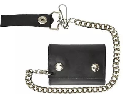 BLACK GENUINE LEATHER Trifold Biker's Wallet ID Card Holder W/Chain Skull • $11.99