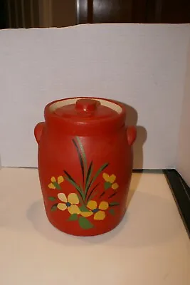 Red Ransburg Stoneware Crock Pottery Cookie Jar W/Lid Hand Painted • $45
