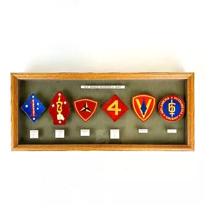 WW2 USMC Division Patches In Oak Shadow Box Frame With USMC HBT Lining • $250