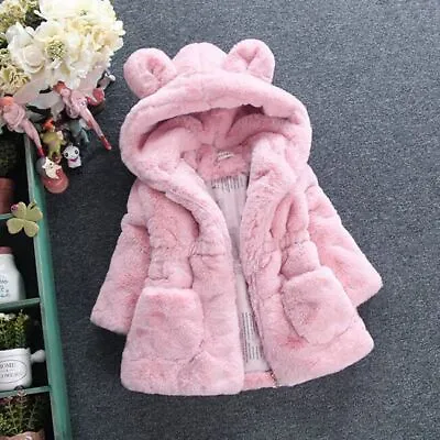 Kids Girls Hooded Rabbit Coat Faux Fur Warm Jackets Outwear Baby Winter Clothes • £14.99