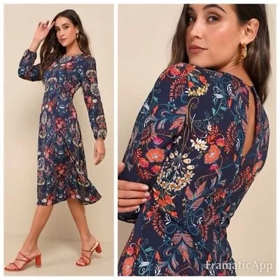 NWT I. Madeline Garden Splendor Blue Floral Print Long Sleeve Midi Dress SZ L • $39.99