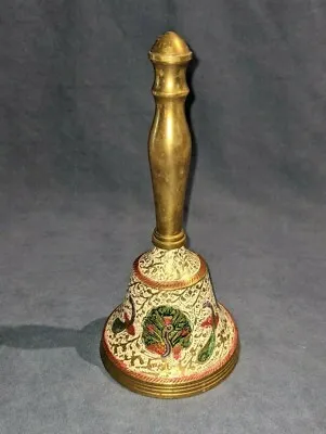 Vintage Brass Hand Altar Bell Enamel Work Peacocks (Box A3) • $18.21