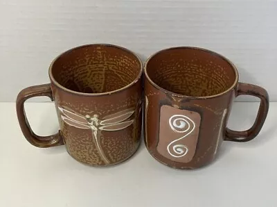 Brown Mission Craftsman Style Abstract Swirls & Dragon Fly 2 Mugs Stoneware • $23