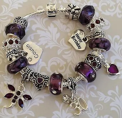 £10.95 • Buy Georgous Dark Purple HAPPY BIRTHDAY Personalised Charm Bead Bracelet & GIFT BOX