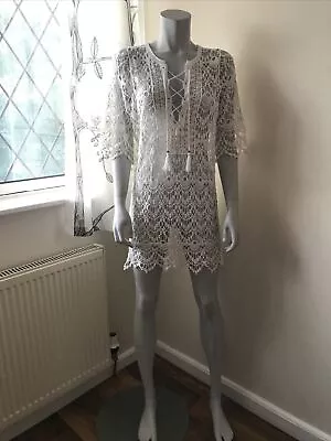 £9.99 • Buy NEW LOOK White Cotton Crochet Beach Holiday Dress Size S Good Condition