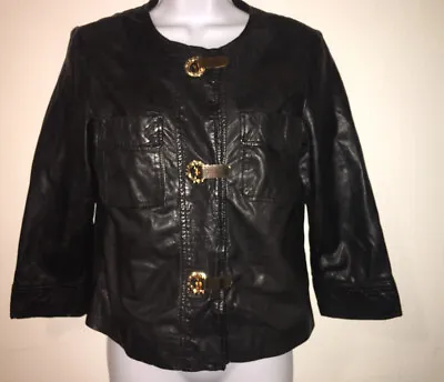 MICHAEL Michael Kors Women's Sz S Black Leather Cropped Sleeve Shirt Jacket • $14.99