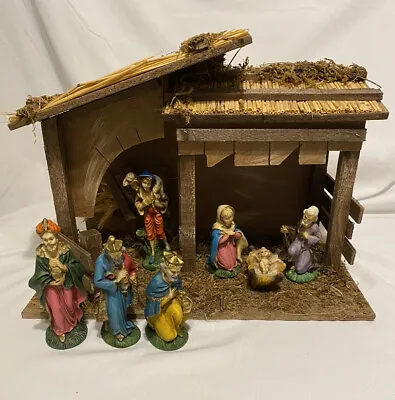 VTG Sears Nativity Set Wood Stable With 7 Hand Painted Figurines Made In Italy • $39.95
