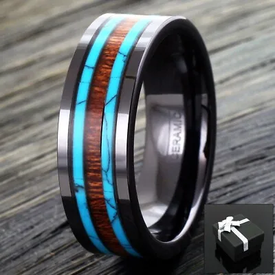 6/8mm Black Hi-Tech Ceramic Men's Hawaiian Koa Wood & Turquoise Band Ring • $15.99