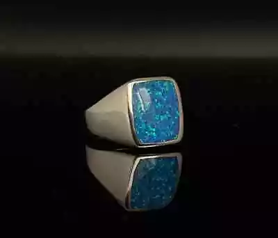 AAA Quality Blue Opal Gemstone Men's Signet Wedding Ring In 14K White Gold Over • $199.99