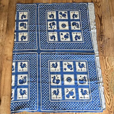 Vintage Country Blue And White Linen Tablecloth Rooster Apple Pumpkin 68x46 • $19.99