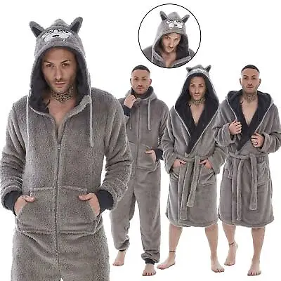 Mens Snuggle Fleece Wolf 3D Hooded Dressing Gown 1Onesie Robe Onesee • £24.95