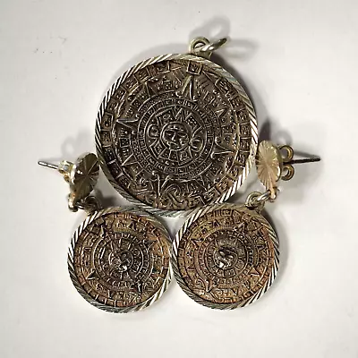 $50 • Buy MEXICO 925 Sterling Silver Aztec Calendar Pendant Earrings Set - FREE SHIPPING!