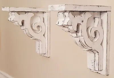 Pair Of Ornate Wood Corbels Shelf Mantle Support Brackets #37B White Distressed • $75