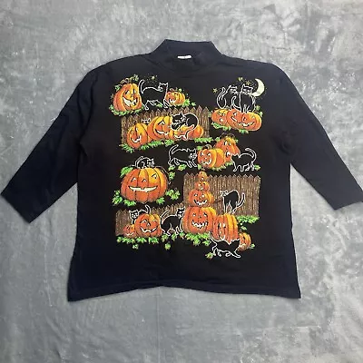 Men's Mock Turtleneck Halloween Cats Pumpkin Heavyweight Top Size Large Made USA • $17.99