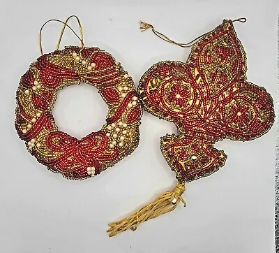 2 Christmas Seed Bead Ornaments Red Gold Victorian Style Wreath & Fleur De Lis • $13.99