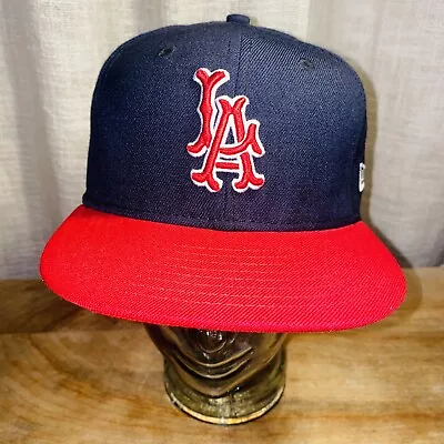 Vintage New Era Los Angeles Angels Halo Fitted Hat Blue Red 80s USA Cap 7 1/4 • $34.30