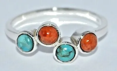 £29.99 • Buy Sterling Silver Natural Turquoise Red Coral Ring. Multi Gemstones Stackable Band