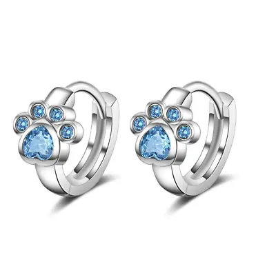 925 Sterling Silver Plated Blue CZ Small Paw Hoop Huggie Earrings Gift PE60 • $5.95