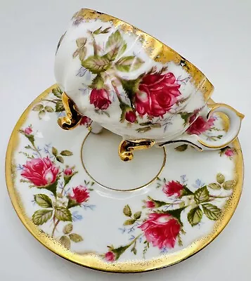 Vintage Shafford  Moss Rose  Gold Spray Three Footed Cup & Saucer Vintage Teacup • $22.99