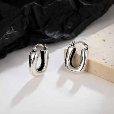 Vintage 925 Sterling Silver Hoop Huggie Earrings Square Ear Clip Women Jewelry • $7.51
