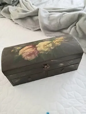 Vintage Antique Hand Painted Floral Dark Stained Box Free Shipping • $29.75