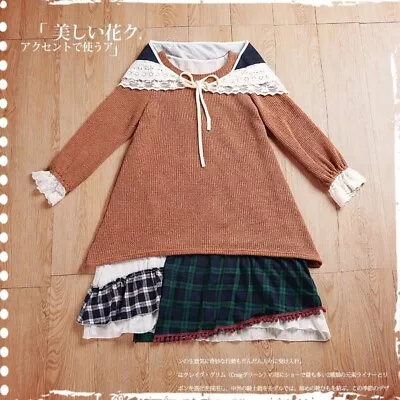 Japanese Style Sweet Long Sleeve Skirt Mori Girl Wool Plaid Dress Harajuku New • $31.34
