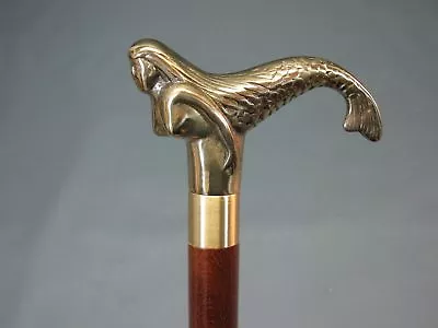 Mermaid Brass Head Handle Vintage Style Handle Wooden Walking Stick Shaft Cane • $38.35