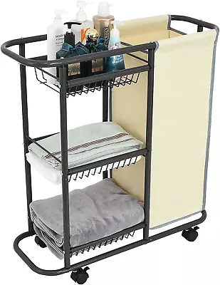 Laundry Sorter Cart Movable Bathroom Organizer Gray Laundry Storage Baskets With • $95.84