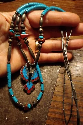 Native American Double Strand Liquid Silver Turquoise Bead Inlay Eagle Necklace • $13