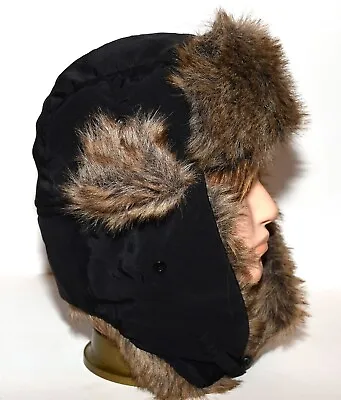 Solid Wing Aviator Black Faux Raccoon Fur Lined Mens Trapper Hat One Size • $39.99