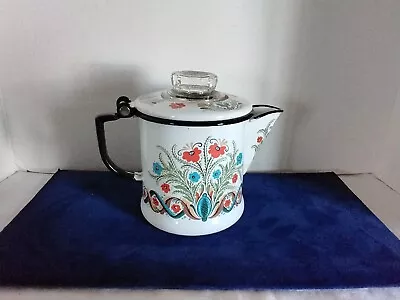 Vintage Berggren Floral Enamelware Hinged Lid Tea Coffee Pot Swedish Folk Art 5” • $45