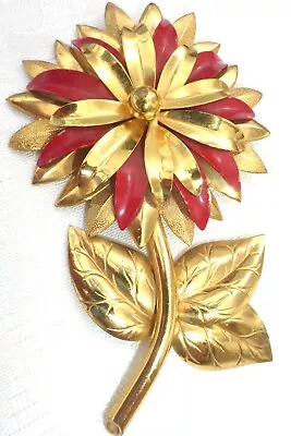 Vintage Jewelry Rare Red Enamel Large Flower Signed Monet Fur Dress Clip 4 1/4  • $3.99