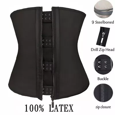 Black Zipper Latex Waist Trainer Cincher Steel Boned Underbust Corset Shaper BL • £15.80