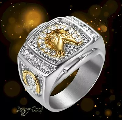 New Horse Horseshoe Lucky Crystal Luck Mens Silver Gold Gothic Biker Ring • $9.95