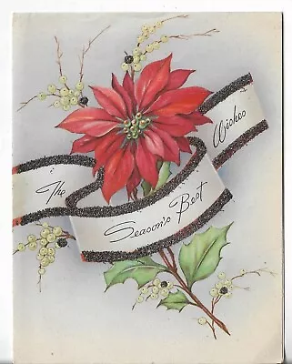 Vtg CHRISTMAS CARD-approx 4.25x5.5 The Season's Best Wishes Red Poinsettia • $1.37