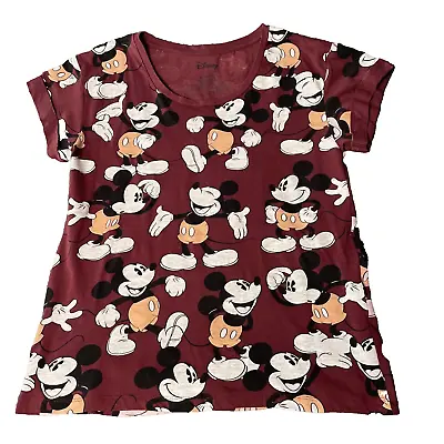 Disney T-Shirt Women's XL Scoop Neck Top Short Sleeve Maroon Mickey Mouse • $7.78