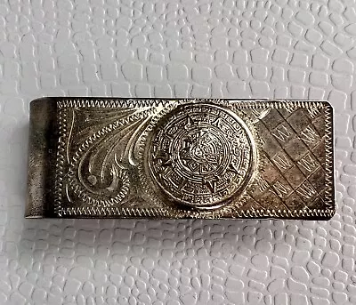 Vintage Money Clip Alpaca Aztec Mayan Calendar Etched Silver Hecho En Mexico • $19