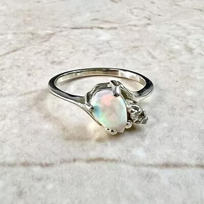 $565.95 • Buy 14K Diamond & Natural Opal Ring - 14K White Gold Solitaire Opal Cocktail Ring