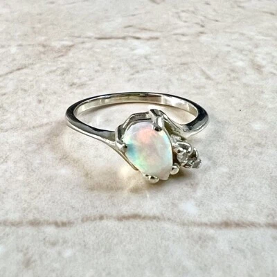 $565.95 • Buy 14K Diamond & Natural Opal Ring - 14K White Gold Solitaire Opal Cocktail Ring