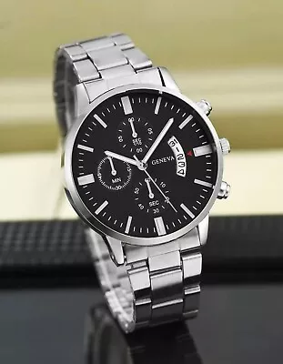 Men's Business Fashion Watch With Stainless Steel Strap Silver & Black Quartz UK • £8.99
