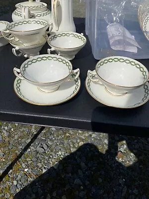 Antique Minton Green Laurel Wreath Double Handle Soup Cups&saucer H551 -2 Total • $35