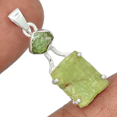 Natural Green Kyanite Rough & Moldavite 925 Silver Pendant YS2 CP24349 • $31.99