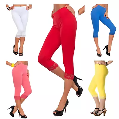 Women Ladies Capri Soft 3/4 Cropped Lace Trim Leggings Stretchy Comfy Pants • £6.49