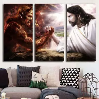 Jesus Vs Satan Christian Religion Faith Framed 3 Piece Canvas Wall Art Print Pho • $89