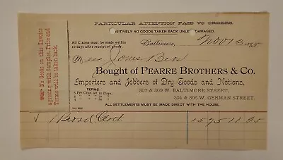 1895 Pearre Brothers & Co Importers &  Jobbers Dry Goods Billhead Baltimore MD • $15